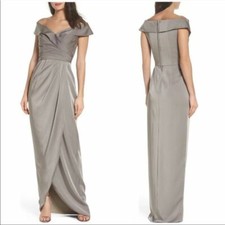 New La Femme Surplice Off the Shoulder Ruched Column Gown in Pewter Sz 2