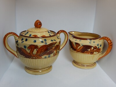 PHOENIX RISING Vintage Japan Japanese Hand Painted Tan Brown Creamer & Sugar Set