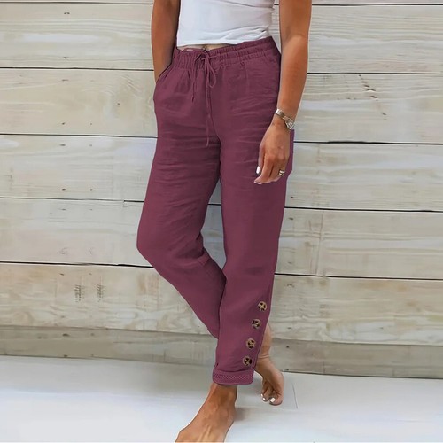 Womens Casual Summer Drawstring Waist Straight Leg Pants Long Pocket Trousers - Picture 17 of 22