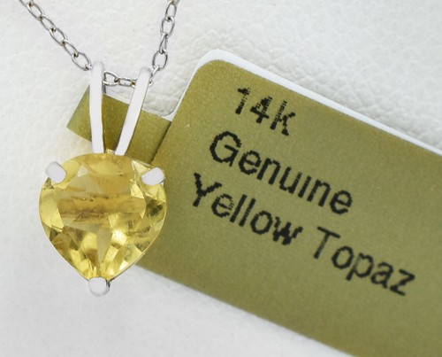 GENUINE 1.18 Cts YELLOW TOPAZ HEART PENDANT 14k WHITE GOLD - Free Appraisal -NWT
