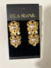 Idea Nuova Gold Toned Pierced Earrings Faux Pearl & Rhinestone Accents NIP