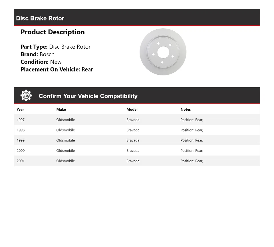 Rotor de freno de disco trasero Oldsmobile Bravada Bosch QuietCast 1997-2001 1998 1999 Foto 2 de 4