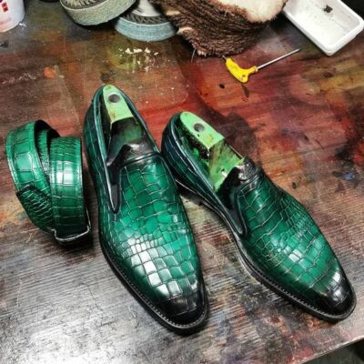 Tailormade Ocean Green Patina Crocodile Texture Leather Men