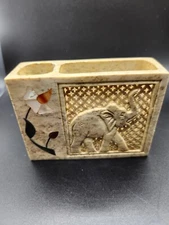 Soap Stone Desk Organizer Elephant Trunk Up, Vtg Desk Decor, made in India, 4" L