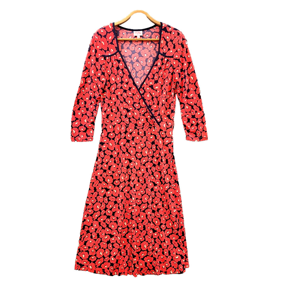 Leona Edmiston Dress Womens A-line Midi Size XS Navy Blue Orange Floral Stretch
