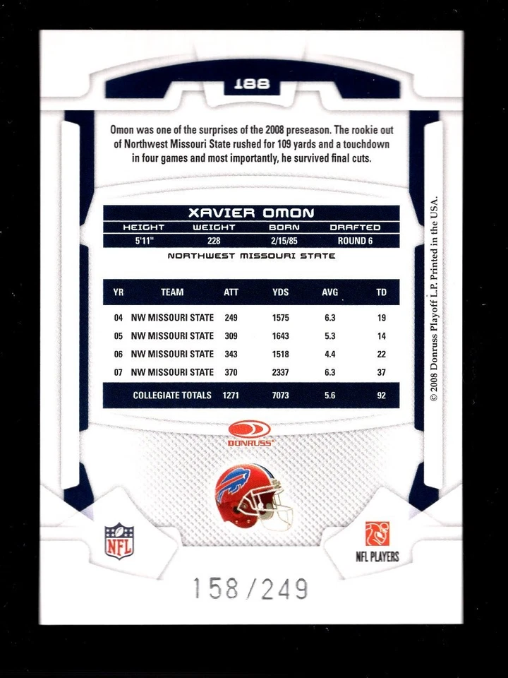 2008 ROOKIES & STARS LONGEVITY #188 XAVIER OMON RC 158/249 BILLS - Image 2 of 2