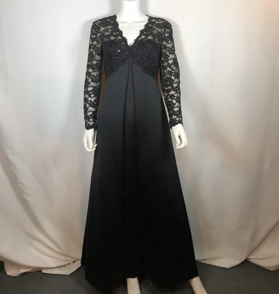 Vestido Largo BlackTie Oleg Cassini Negro Encaje Secuencia y Satén Talla 6 RN62313 Foto 2 de 4