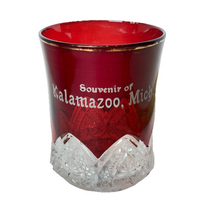 #ad KALAMAZOO MICHIGAN MI ANTIQUE Ruby Red Flash RARE Souvenir Glass Cut TRINKET CUP $47.92