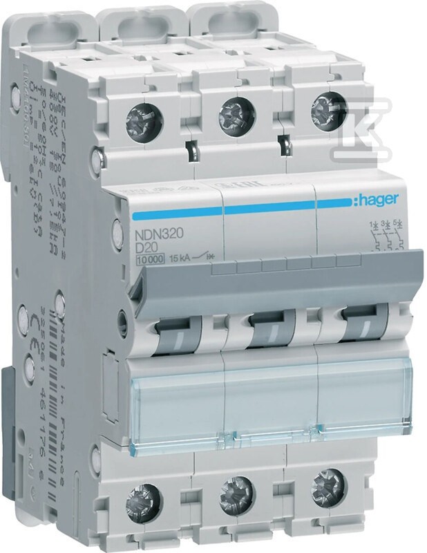 Hager N.d. Interruttore Differenziale, Interruttore Ndn320 3 Poli 10Ka/15Ka D-20A 3M - Immagine 2