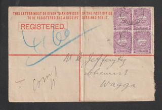 Australia NSW 1894 Registered Letter Cover Sydney To Wagga Wagga 1d Block Of 4