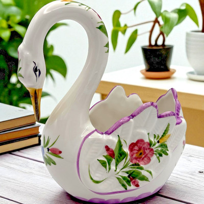 Portugal Hamdpainted Swan Planter 6.5'' Long RCCL Floral Signed 592 CL Vintage