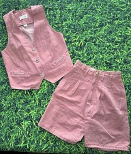 Vtg 90s Cach  2 Piece Bundle Pink Denim-style Shorts w Vest Set Rhinestones Sz 6