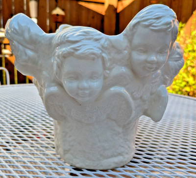 Vintage Victorian Style Cherub Face Angel Planter Pot  Ivory White 9x8.5 Excell