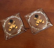 Vintage Set of Two Cut Glass Ashtrays Bowling Theme Gold Bowling Pins 3.5"
