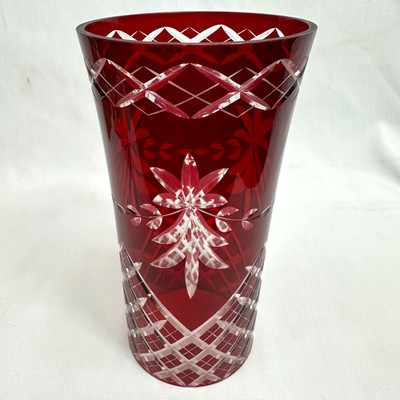 Ruby Cut Crystal Cylinder Vase Chimney Floral Starburst 6.9'' Bohemian