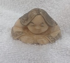 Carved Japanese Netsuke Boy Figure, Long Hair Kimono Pattern, 2 Holes