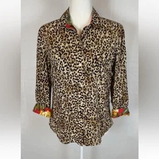 Jones New York Signature Leopard Floral Long Sleeve Button Down Shirt Cotton M