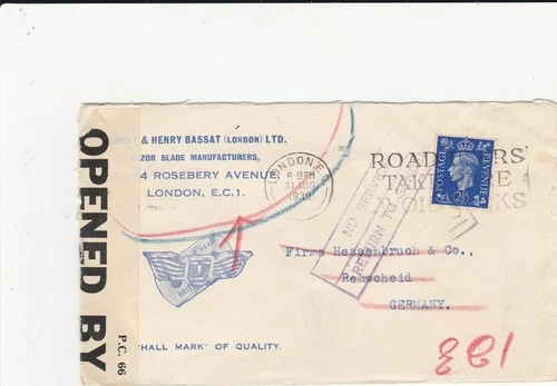 1939 AUG 31, GB TO GERMANY ADVERT COVER / FIRST DAY "NO SERVICE"