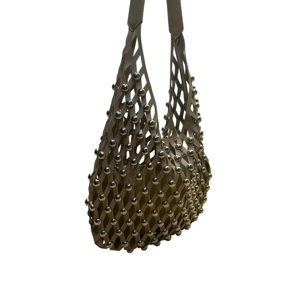 铆钉灰褐色人造皮革单肩包带开口格子风格 M 码 — 第 4/4 张图片