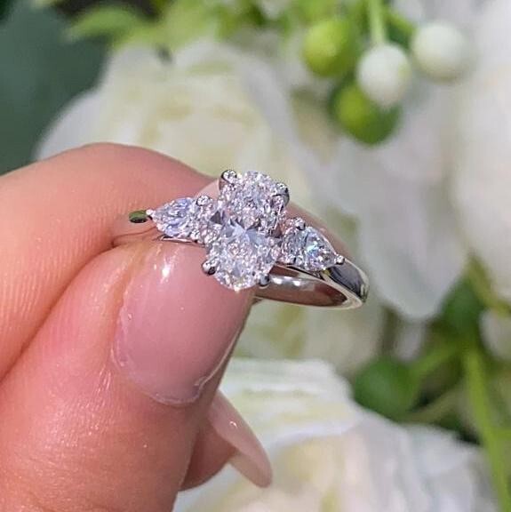 D/VS Lab-Grown Oval Pear Shape Three Stone Engagement
