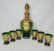 Vintage Bohemian Glass Cordial Set Emerald Green Gold Painted Decanter 6 Glasses