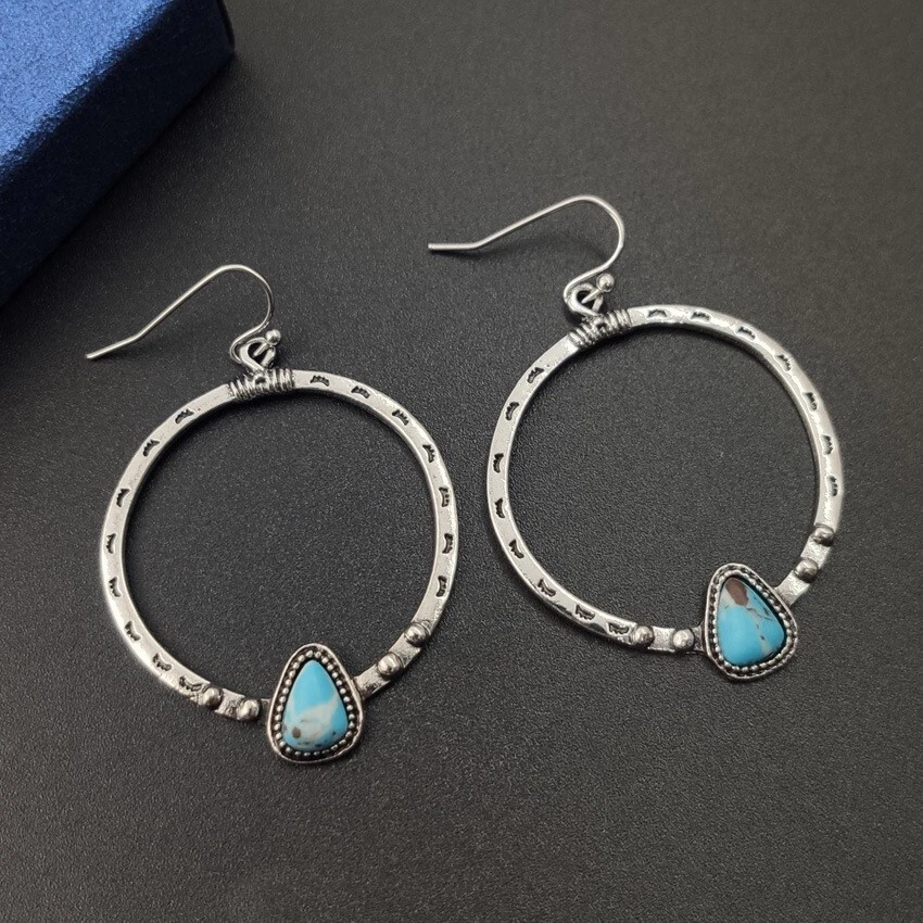 Moda Vintage Mujeres Pendientes Plata Turquesa Forjado Círculo Hecho a Mano 1525 Foto 2 de 4