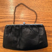 Vintage Leather Clutch Purse Handbag With Hidden Chain Handle Hinged Snap Close