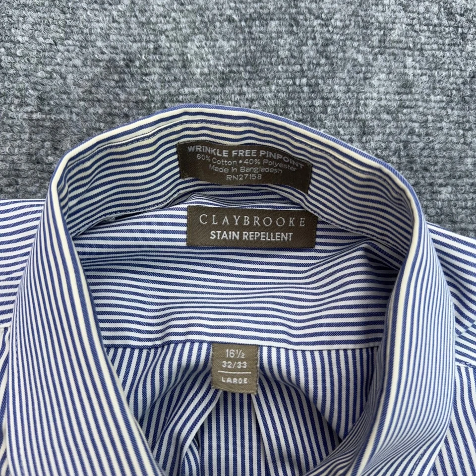 Camisa de vestir Claybrooke Pinpoint para hombre 16 1/2 azul blanco a rayas sin arrugas Foto 4 de 4