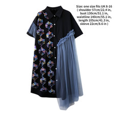 Lady Irregular Shirt Dress Mesh Patchwork Floral Embroidery Loose Casual Fashion