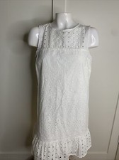LOFT Ann Taylor Sz 6 White Eyelet Sleeveless Sheath Dress Ruffle Hem Cotton