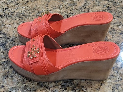Tory Burch Gold Logo Elina Orange Leather Wedge Slides Sandals Womens Shoes 10 - Picture 3 of 13