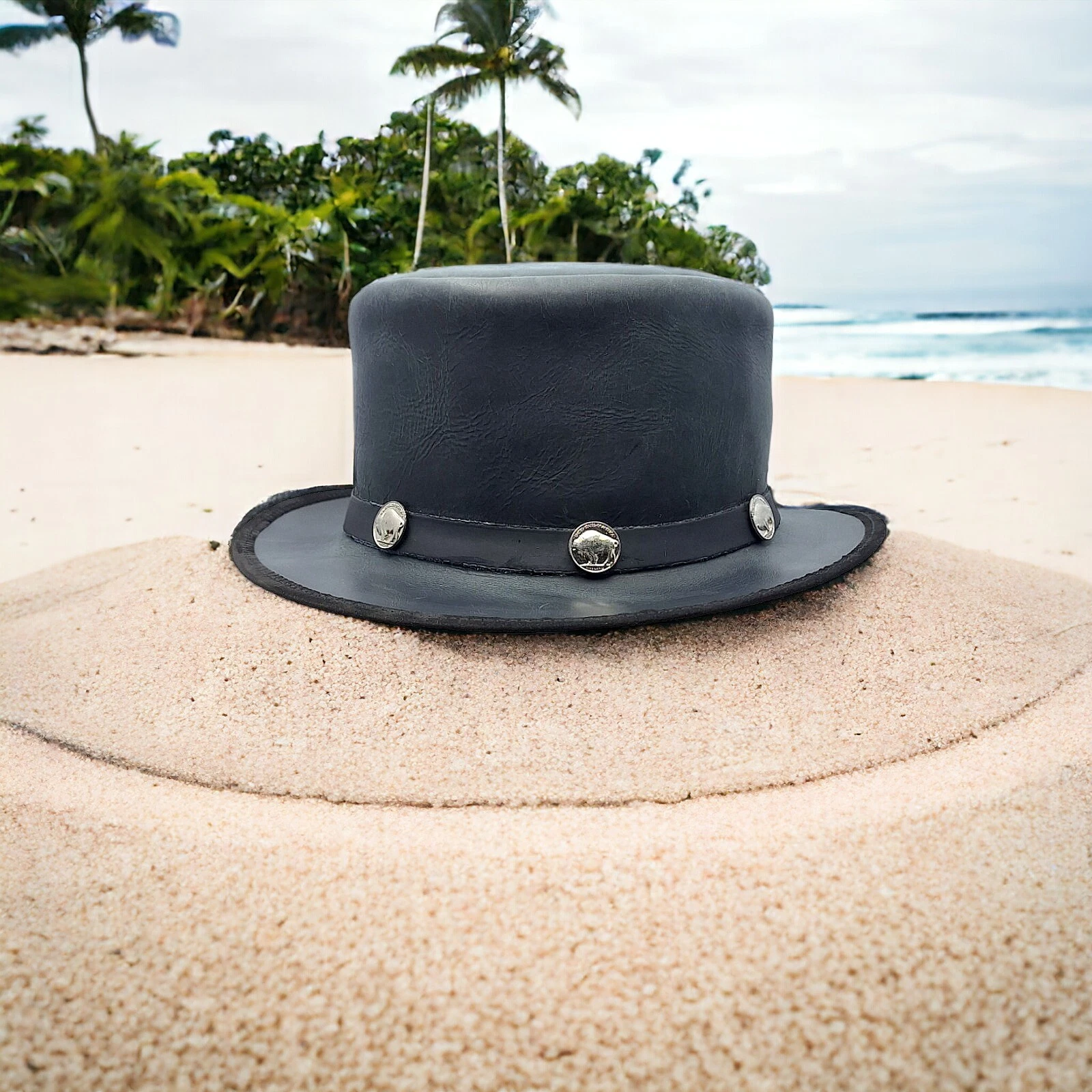 Top Hat 100% Real Leather Western Style Antique Stud Band Classic Victorian Hat