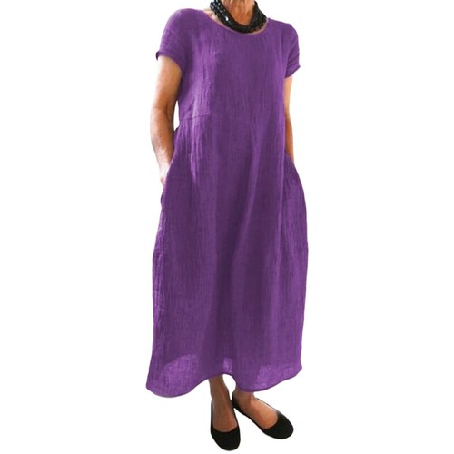 Women Sundress Short Sleeve Long Dress Ladies Bohemian Solid Color Holiday - Picture 4 of 27
