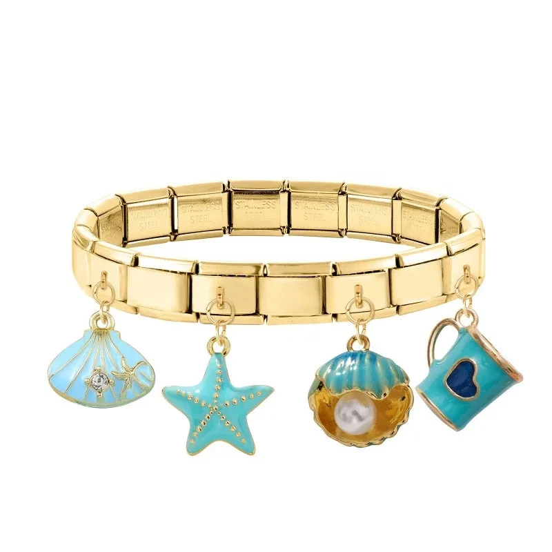 Stainless Steel Starfish Pearl Shell Charm Link Bracelet Women Gold Tone Jewelry - Image 2 of 4