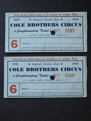 1944 Cole Brothers Circus Complimentary Ticket Pair Vintage Carnival Ephemera