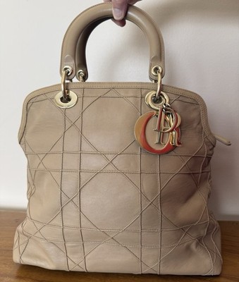 Dior Beige Cannage Quilted Satchel Top Handle Detachable Strap Zip Gold