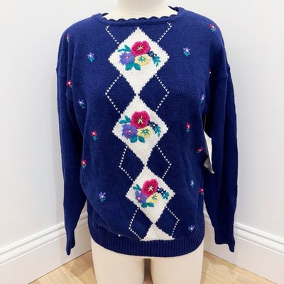 Vtg Erika Petite Blue Argyle Floral Embroidered Sweater Sz PM NEW 