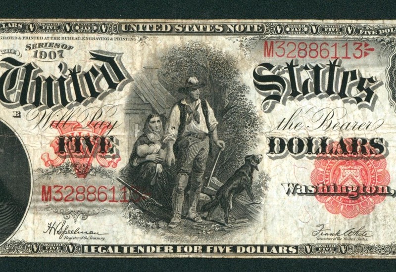 $5 1907 United States Note ** Legal Tender ** Woodchopper ** CURRENCY