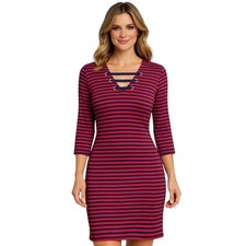Michael Kors Striped Knit Dress Red & Navy V‑Neck Lace Up Preppy Gold Medium