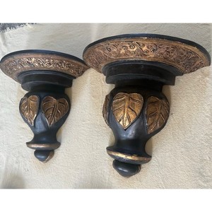 2 Wall Shelfs Sconces Hand Carved Solid Wood Black Gold Décor Pair set display