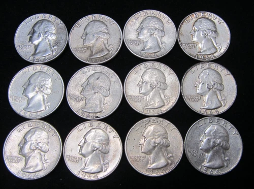 1964-D 90% SILVER WASHINGTON QUARTERS - LOT OF 12 - $3.00 FACE VALUE - CIRCS