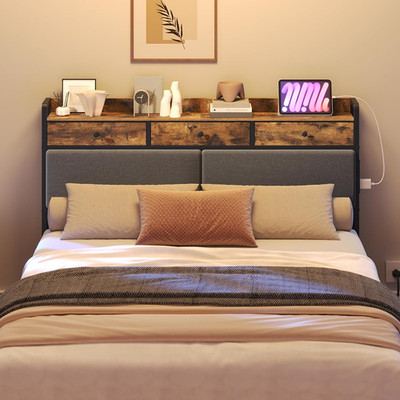 Rustic Queen Size Headboard with Storage, Charging Station & Adjustable Height