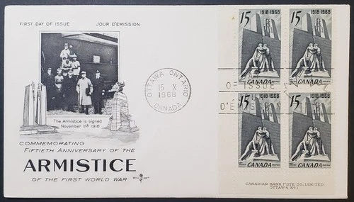 Stamps Canada FDC's: #486 15c slate Armistice LL Pl. Blk.#1 FDC VF
