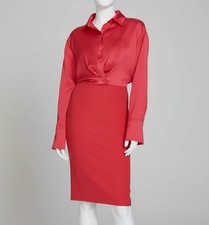 Halston Women's Red Mixed Media Collared Unlined Long-Sleeve Dress Size 8