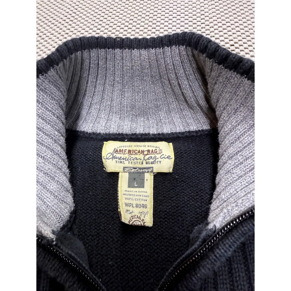 American Rag Mens Black Gray Striped Quarter Zip Sweater Large Cotton Knit - Image 3 of 4