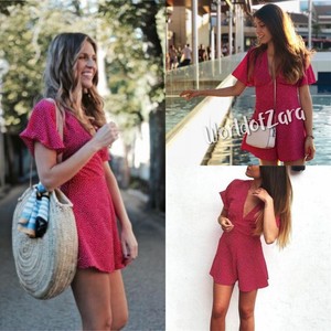 Zara V Neck Polka Dot Short Jumpsuit Dress 2695 492 Fuchsia Xs S M Rare Ebay