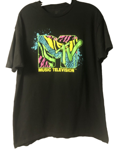 Large MTV Music Television Black W/ Neon Logo 100% Cotton Short Sleeve T-Shirt - Picture 1 of 4