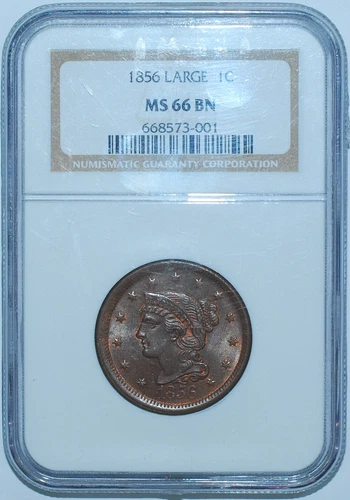 1856 NGC MS66BN Brown Slanted 5 Braided Hair Large Cent