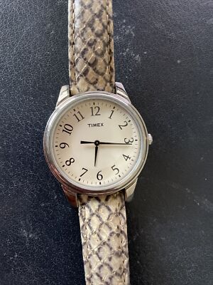 TIMEX BEIGE, BROWN PYTHON, SNAKE EMBOSSED LEATHER BAND,SILVER WATCH-T2P088