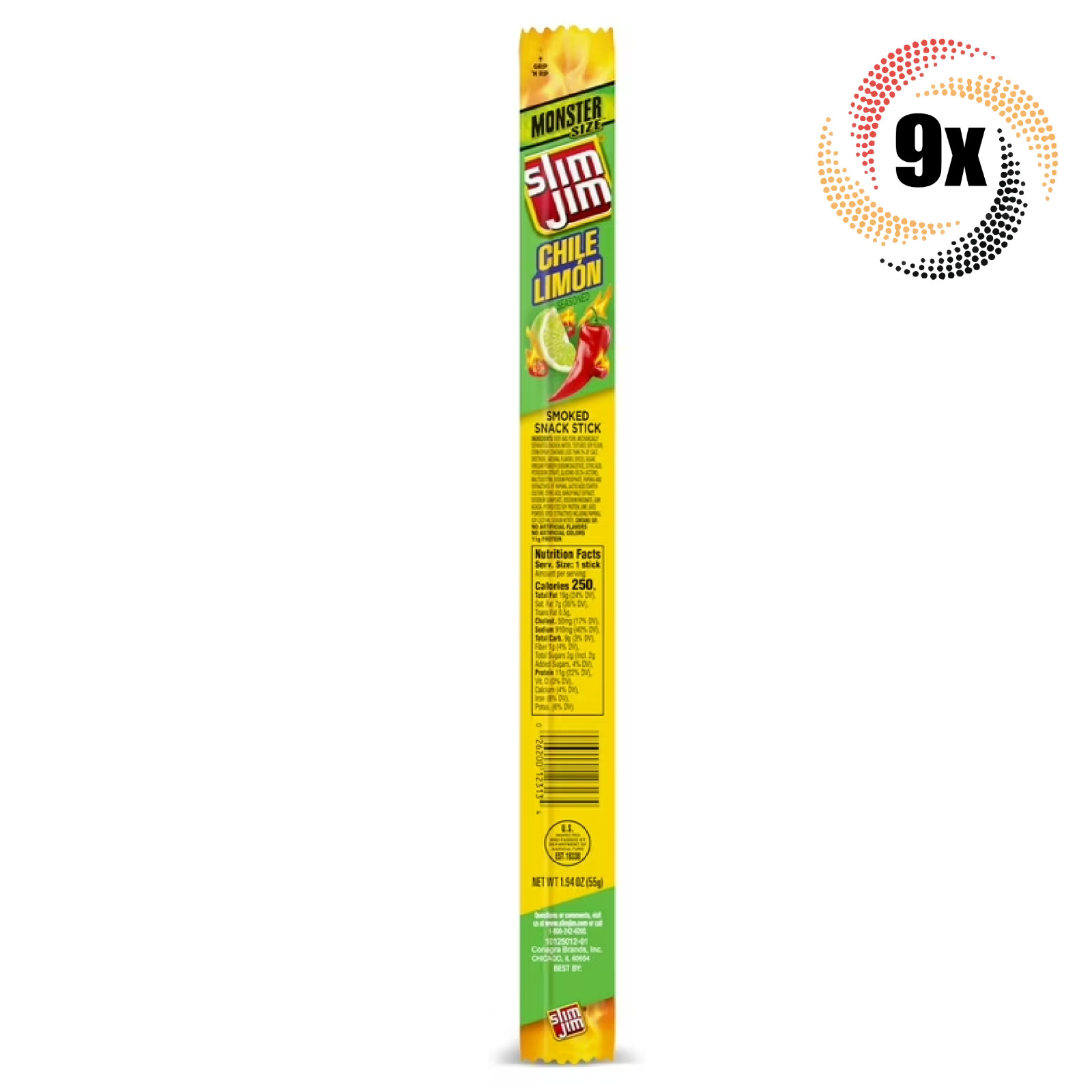 9x закусочных палочек Slim Jim Chile Limon Monster | 1,94 унции | 11 г протеина